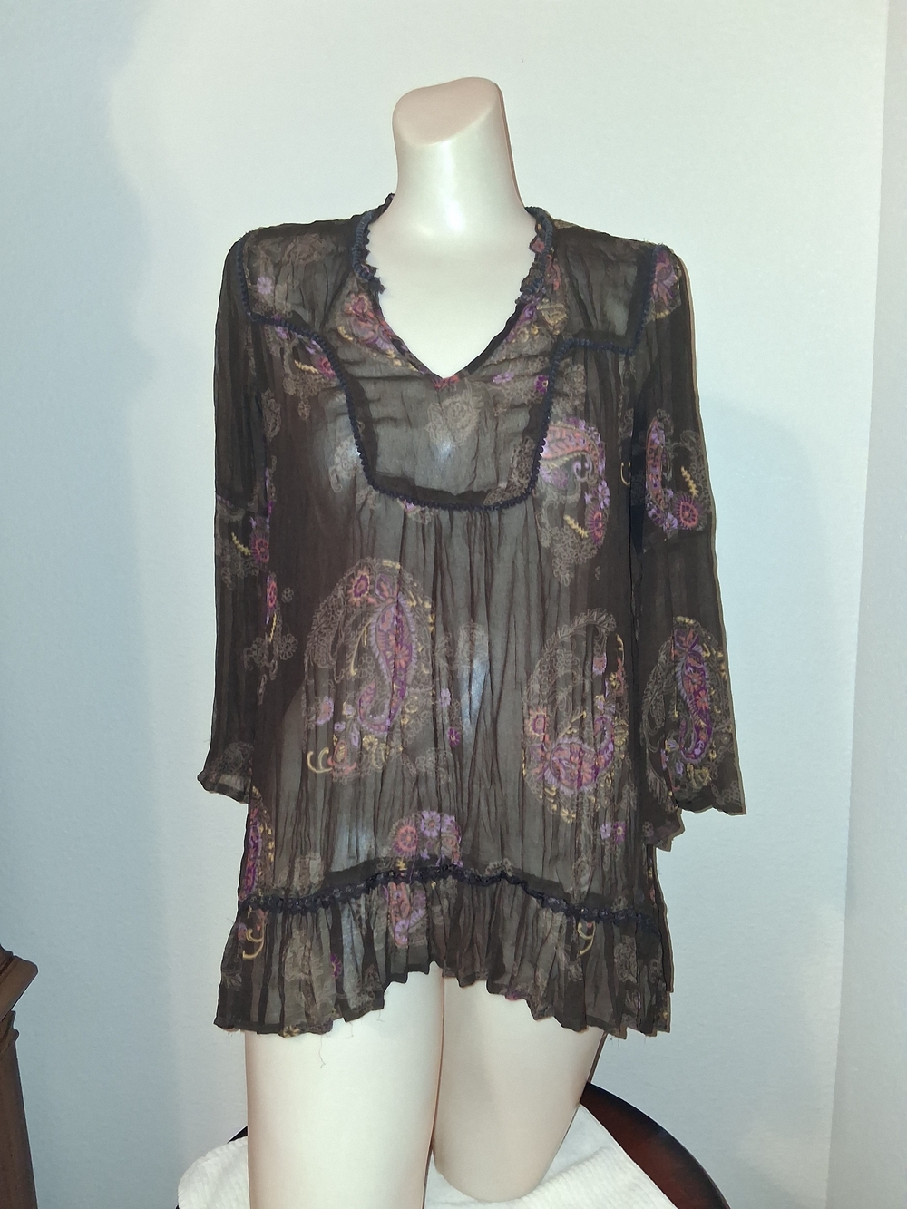 Maurices Sheer Black Paisley V-Neck Blouse with Purple Accents